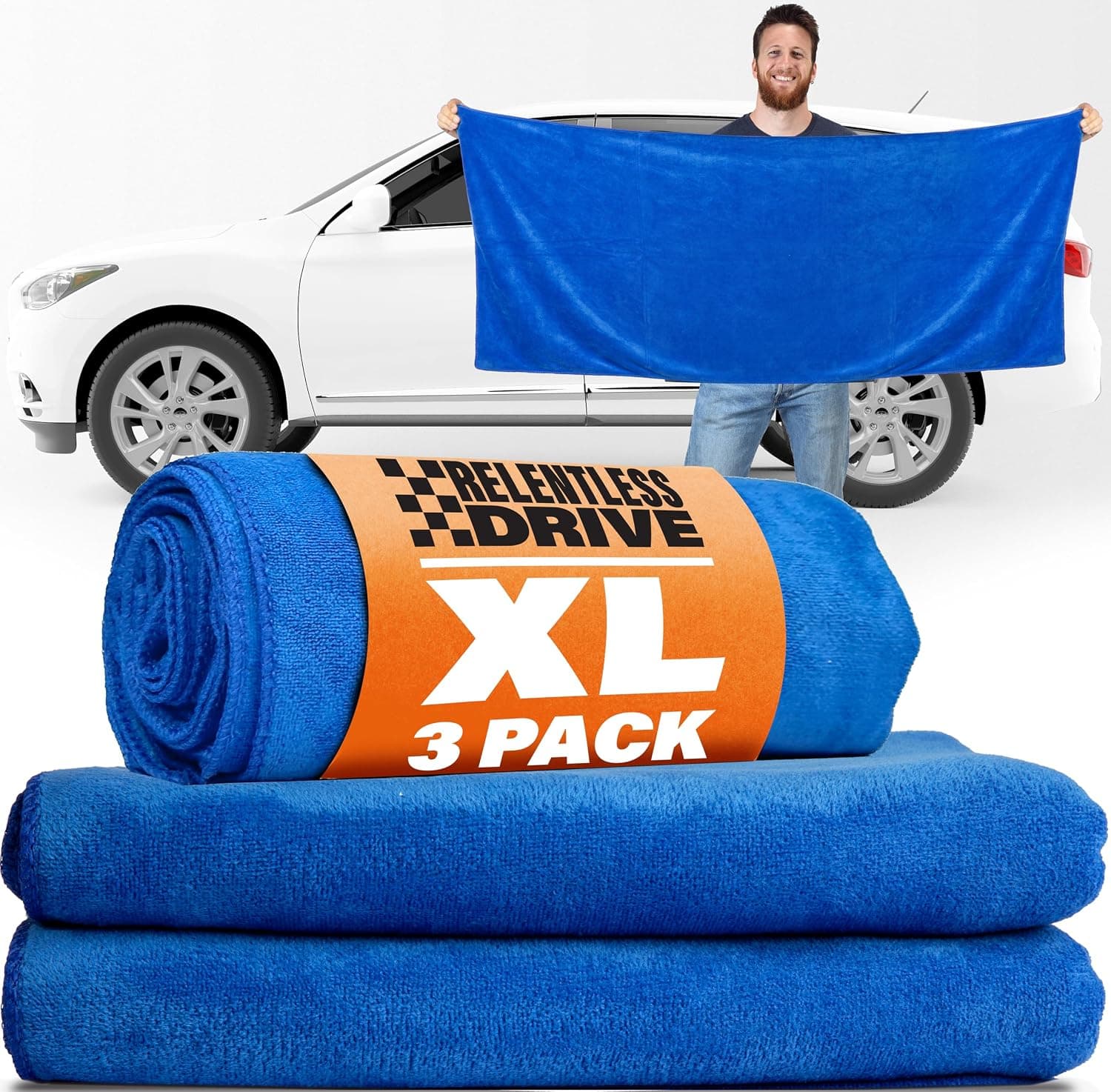 Relentless Drive Car Drying Towels 3 Pack, Large Ultra Absorbent Microfiber, Lint and Scratch Free (24" x 60")