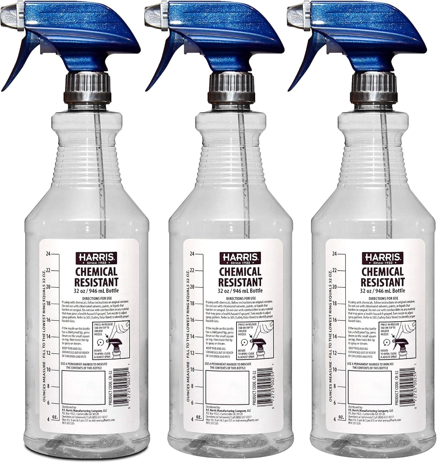 HARRIS Chemically Resistant Professional Empty Spray Bottles 32oz 3-Pack