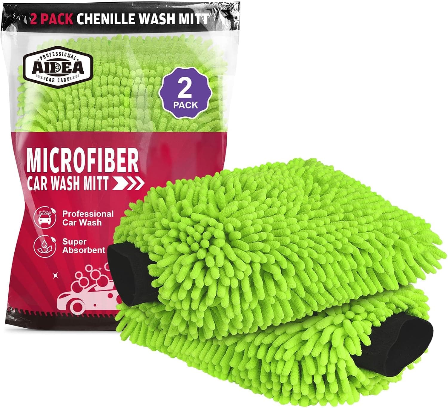 AIDEA Car Wash Mitt Microfiber 2-Pack, Scratch Free Lint Free Premium Chenille Mitt, Green