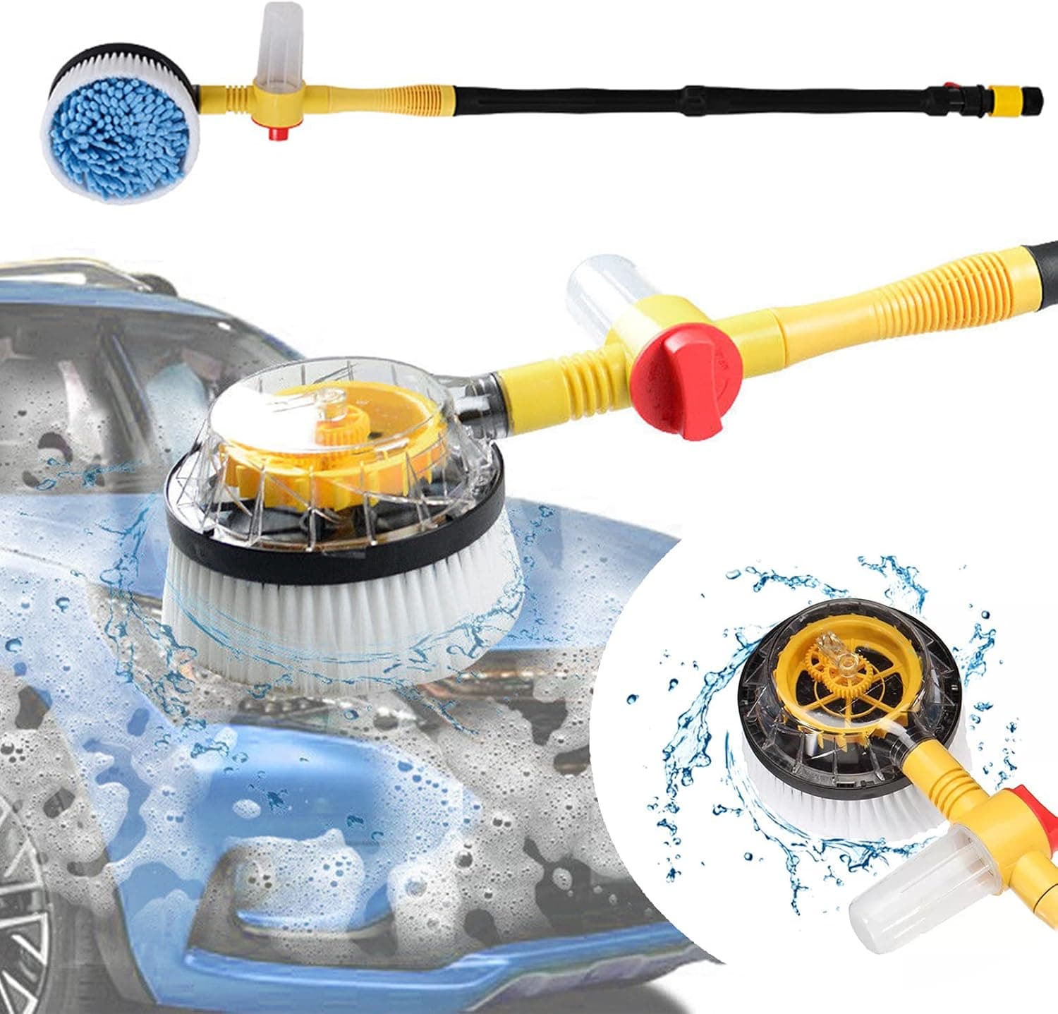 Practisol Rotating Car Wash Brush with Hose Attachment, Soft Chenille Microfiber, Long Handle w