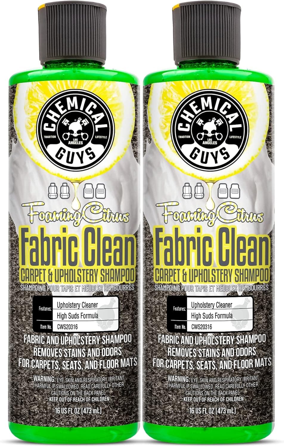 Chemical Guys CWS2031602 Foaming Citrus Fabric Clean Carpet & Upholstery Shampoo, 16 fl oz, 2 Pack