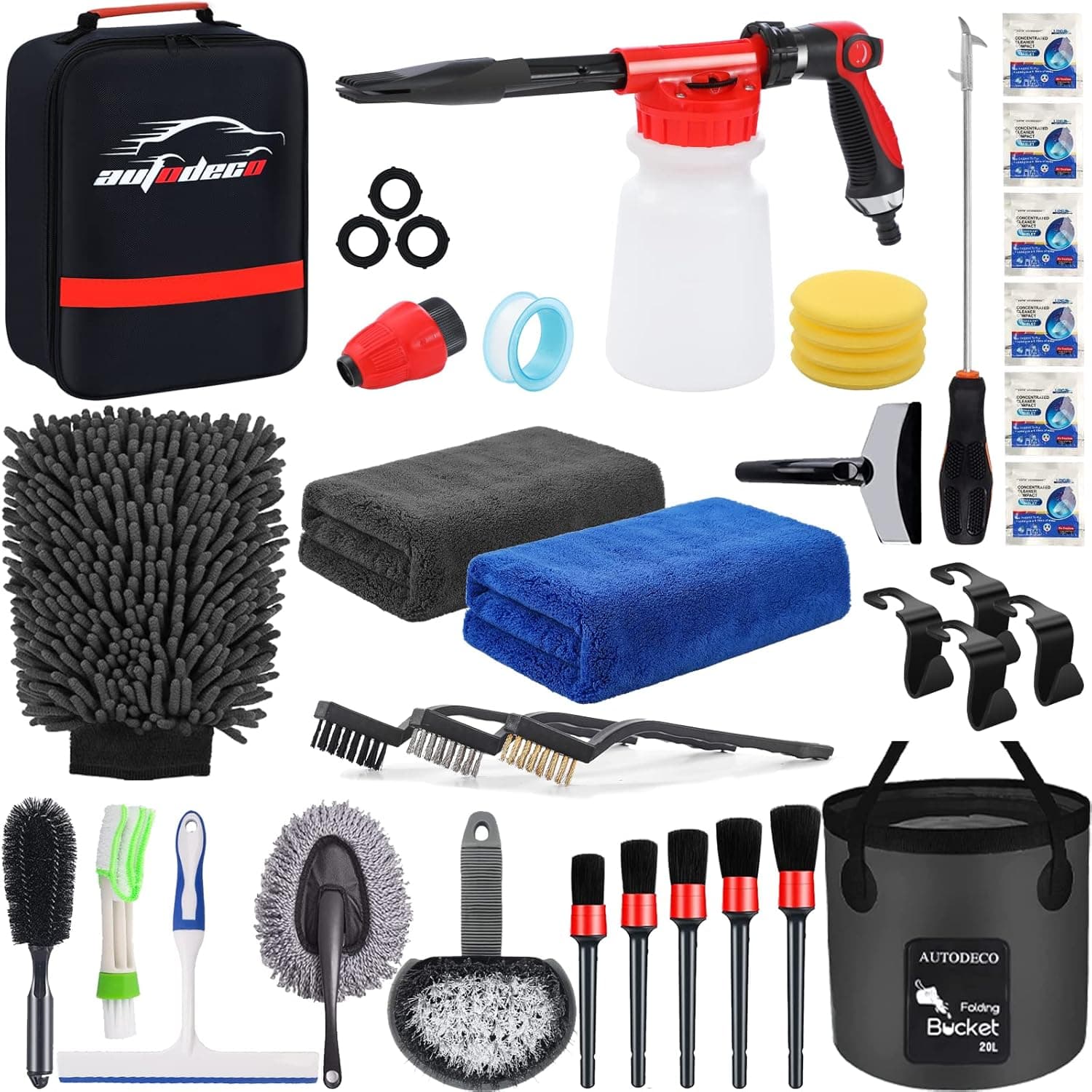 AUTODECO 35Pcs Car Wash Detailing Kit with Foam Gun, Collapsible Bucket, Black