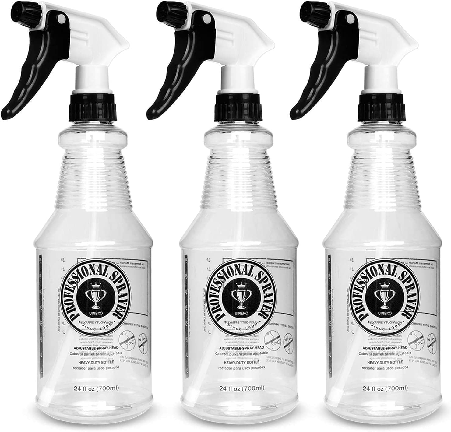 Uineko Plastic Spray Bottle 24oz 3-Pack for Car Detailing, Adjustable Nozzle