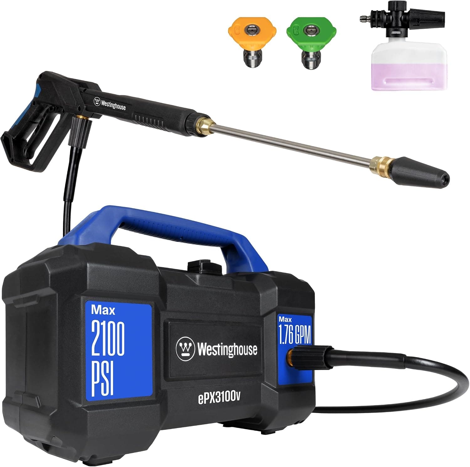 Westinghouse ePX3100v Electric Pressure Washer, 2100 Max PSI 1.76 Max GPM, Detachable Foam Cannon, 3-Nozzle Set