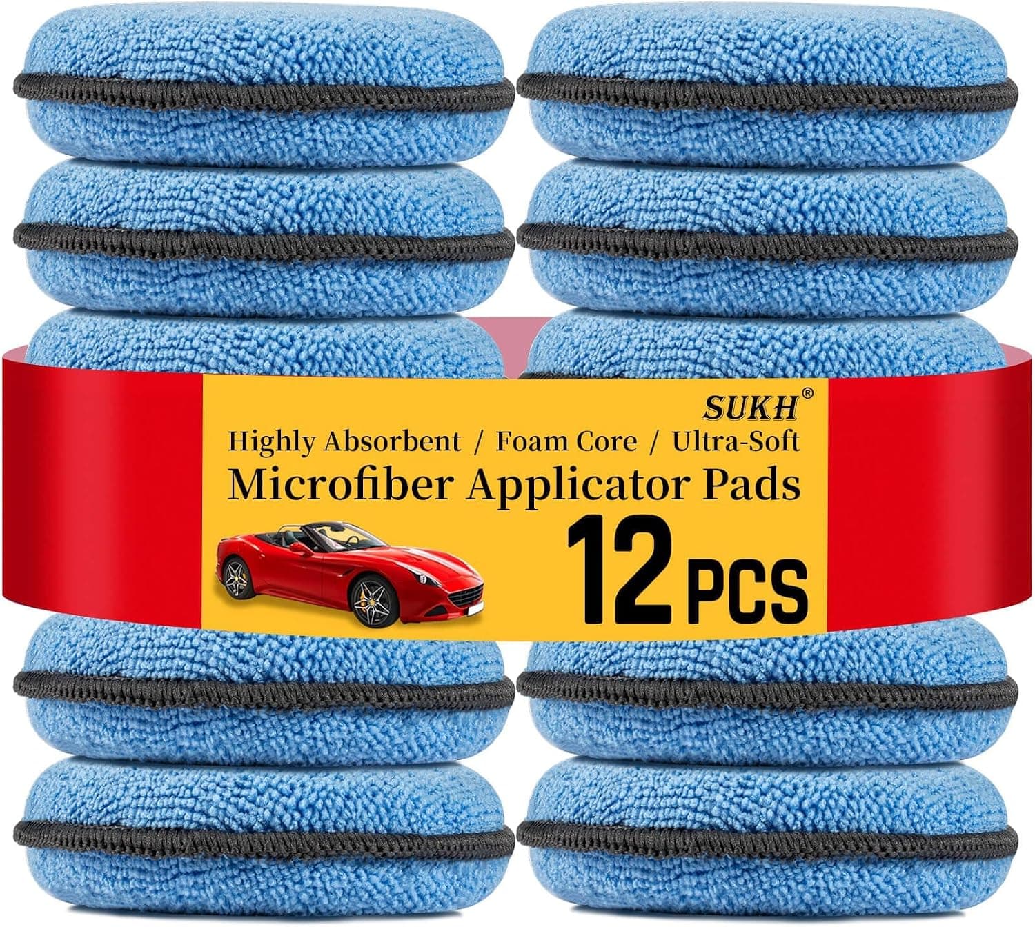 Sukh 12 Pack Microfiber Foam Car Wax Applicator Pad, Round 4.72 inch, Blue