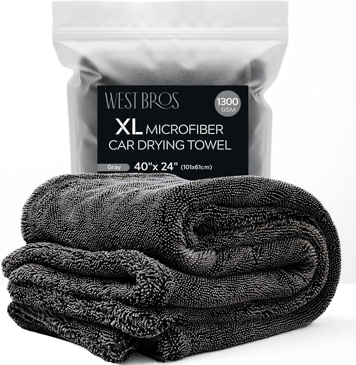 WEST BROS XL Car Drying Towel, 1300 GSM Professional Double Twisted Loop Microfiber, 40"x24", Gray