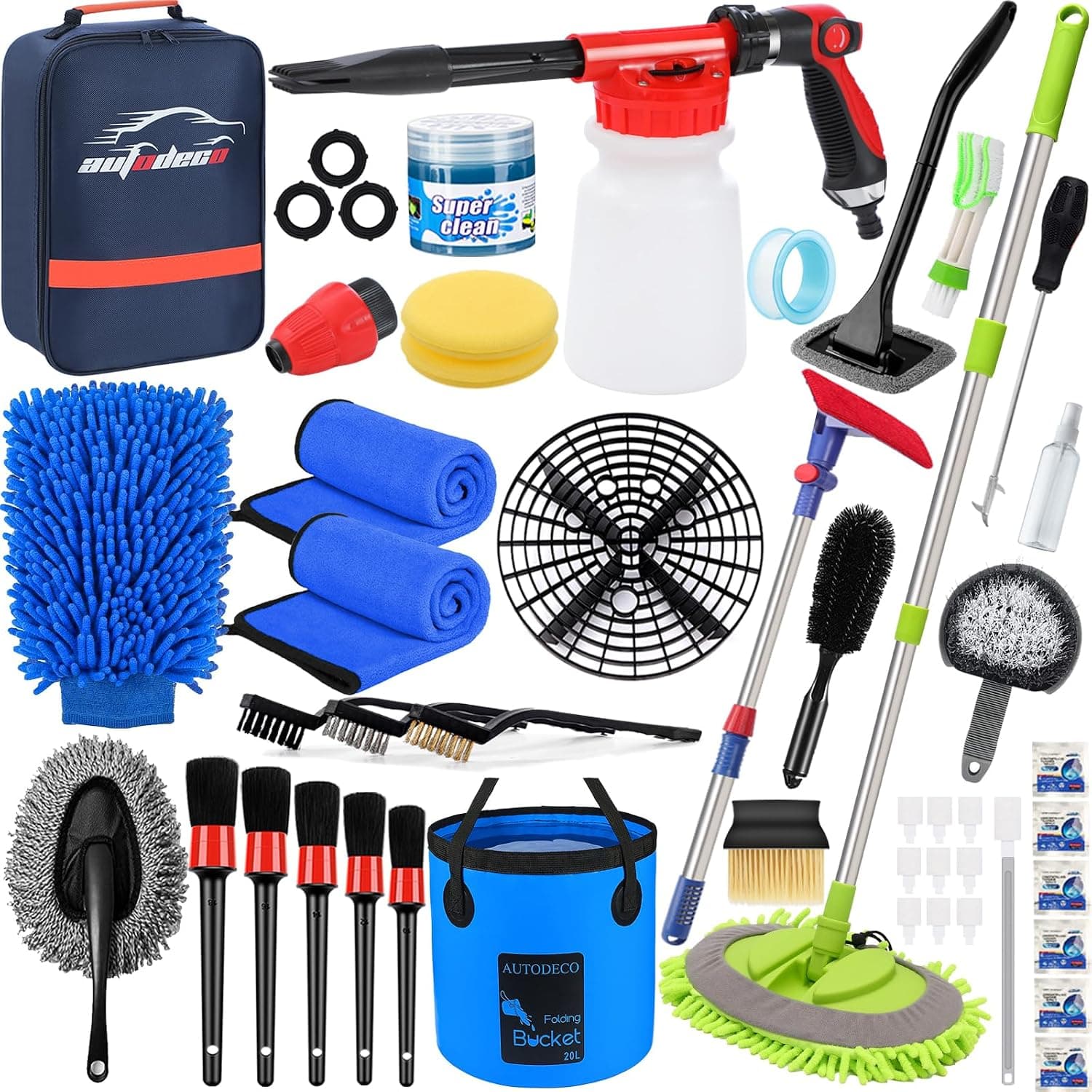 AUTODECO 44Pcs Car Wash Detailing Kit with Foam Gun, Bucket, Wash Mitt, Blue