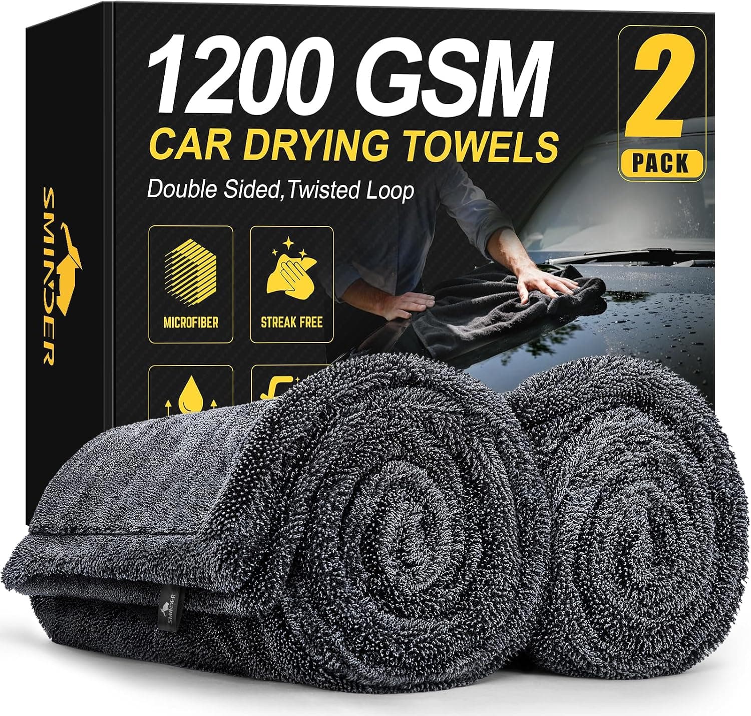 SMINDER 2-Pack 1200 GSM Car Drying Towels, Microfiber 36" x 24", Double-Twist Pile Edgeless