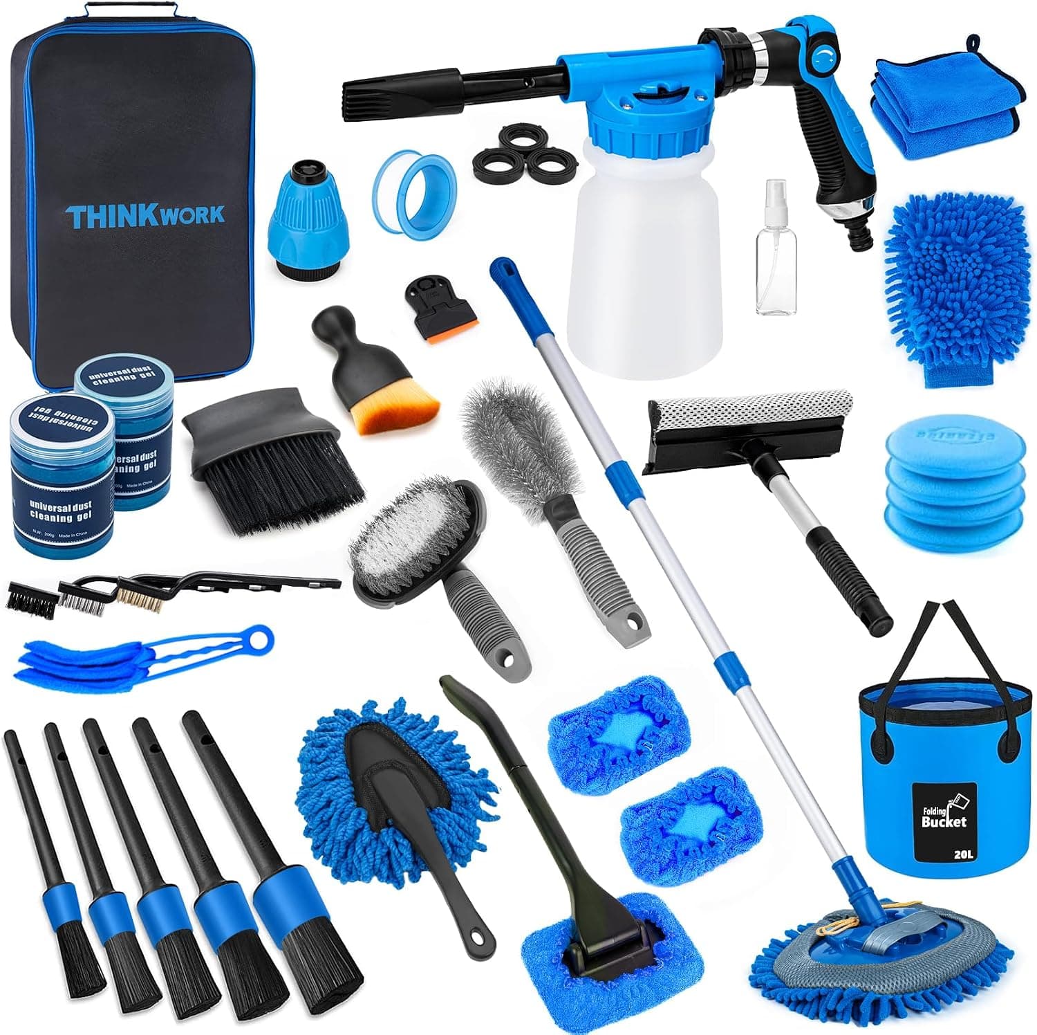 THINKWORK Car Wash Kit with Foam Gun, Brush Mop and Large Folding Bucket