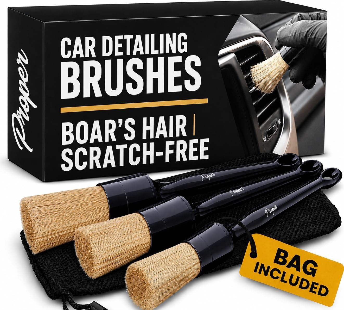 Proper Detailing Co Premium Car Detailing Brush Set - 3 Pack Soft Boars Hair Interior & Exterio