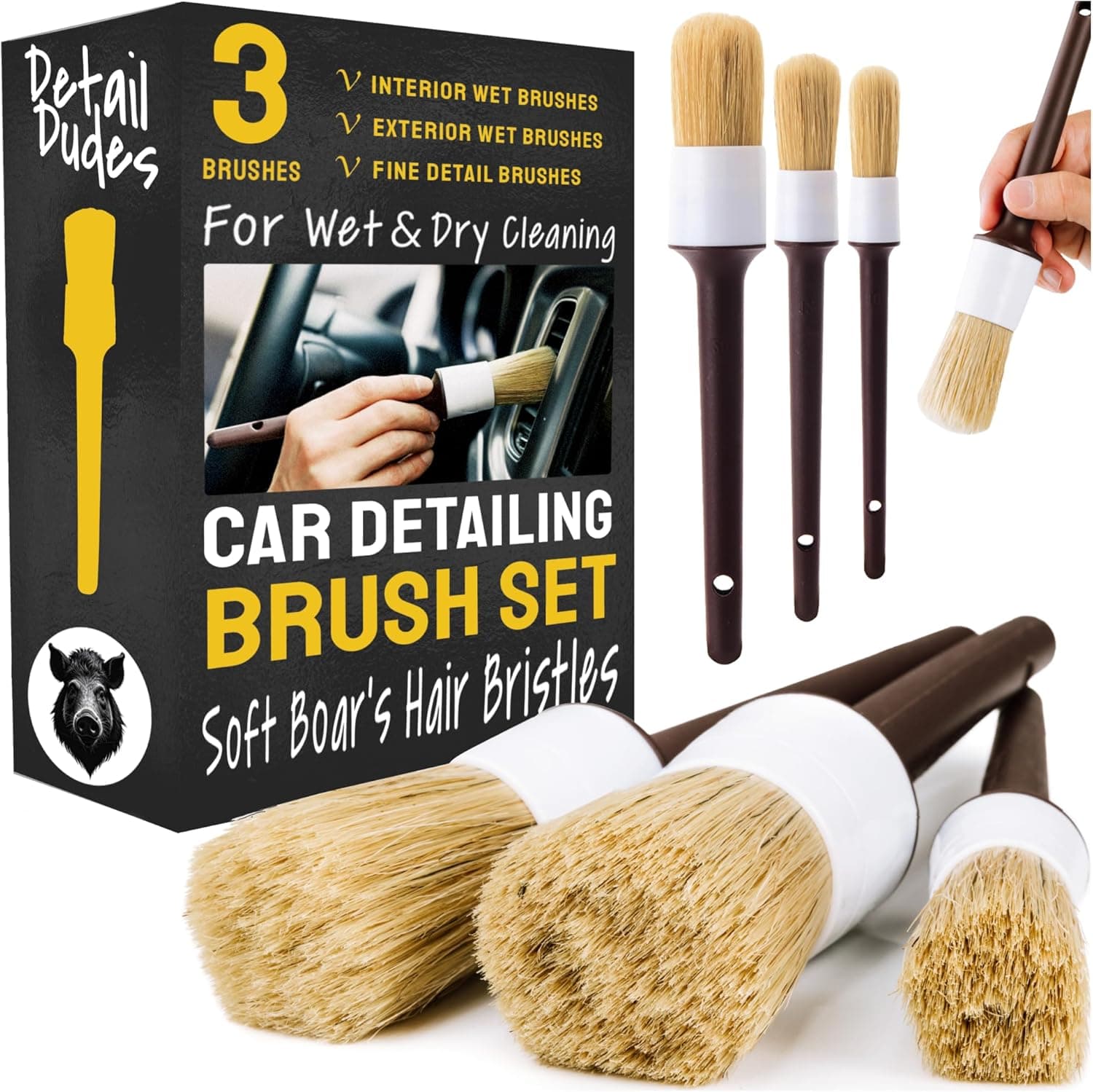 Detail Dudes Car Detailing Brush Set 3-Pack, Scratch-Free Boars Hair Interior & Exterior
