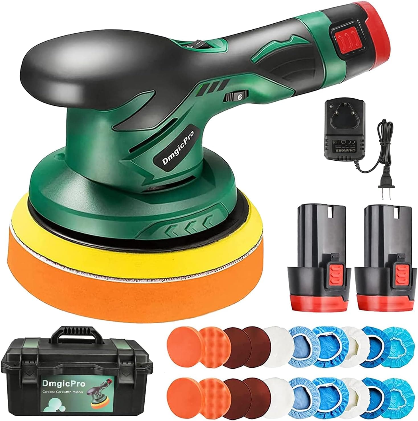 Cordless Car Buffer Polisher, 2PCS 2600mAh Battery, 20PCS Attachments, Waterproof Toolbox, 6-Sp