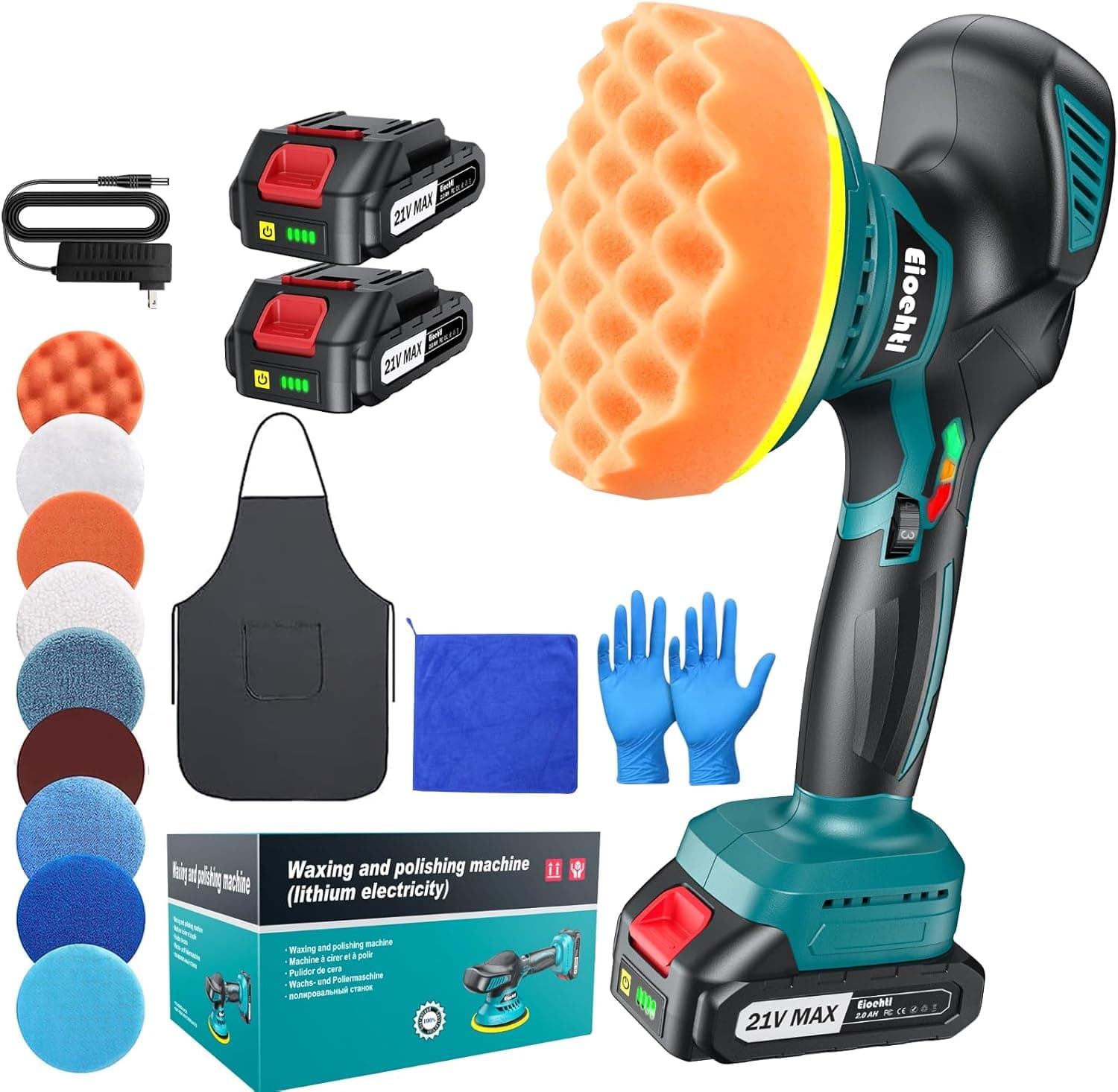 Eioehtl Cordless Buffer Polisher 6-inch, 2x 21V Batteries, 13 PCS Attachments, 6-Speed 5500RPM