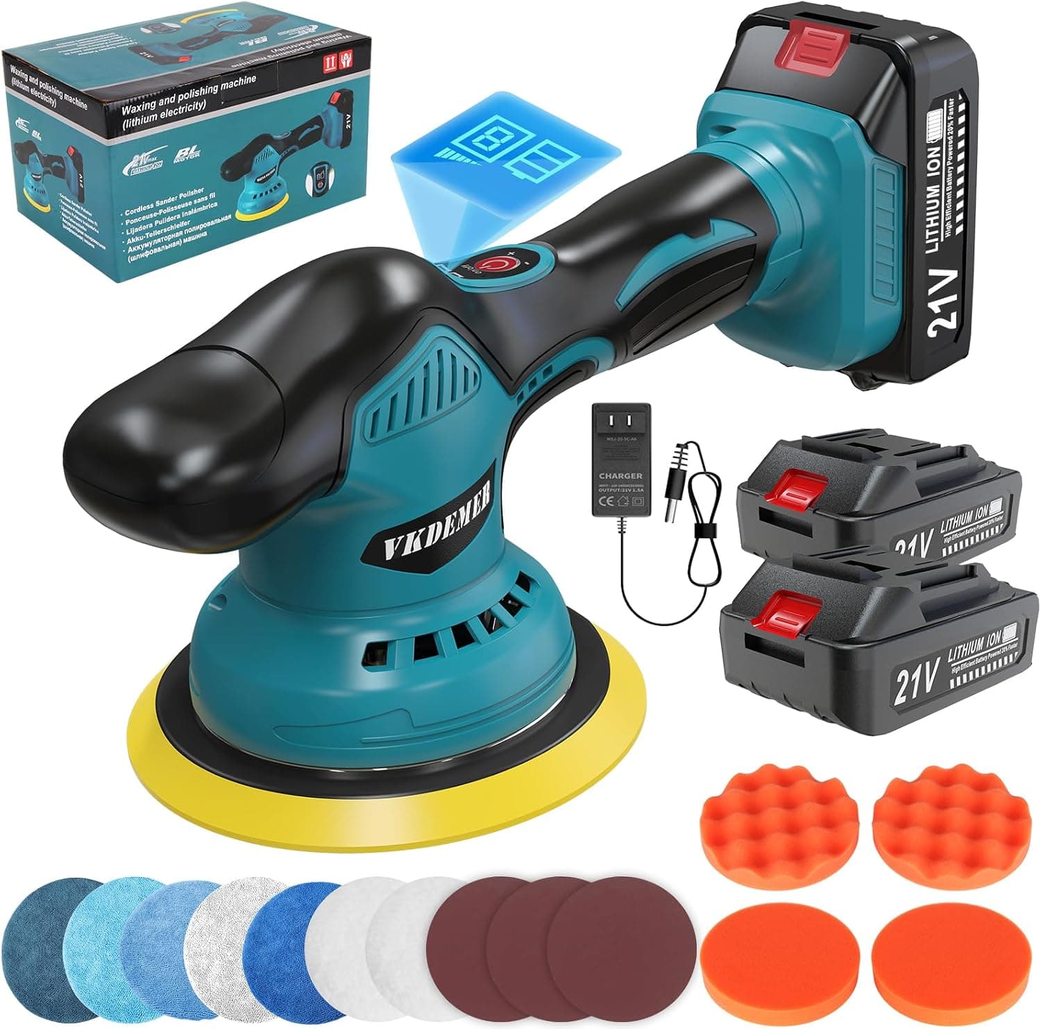 Vkdemer Cordless Car Buffer Polisher, 6In Mini Kit, 2x 21V Batteries, 8-Speed 5500RPM Orbital