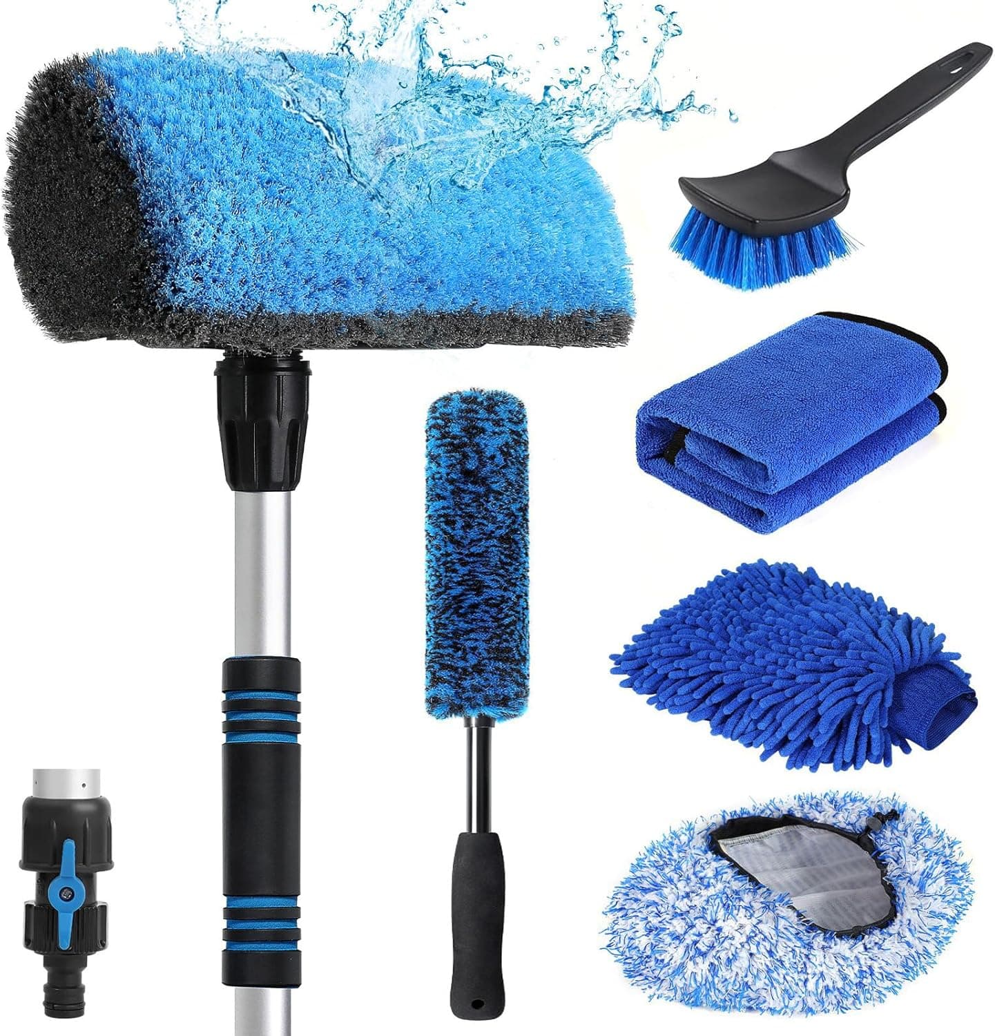 Wontolf 63'' Flow-Thru Car Wash Brush with Long Handle, Soft Bristles Kit with Mitt, Towel, Tir