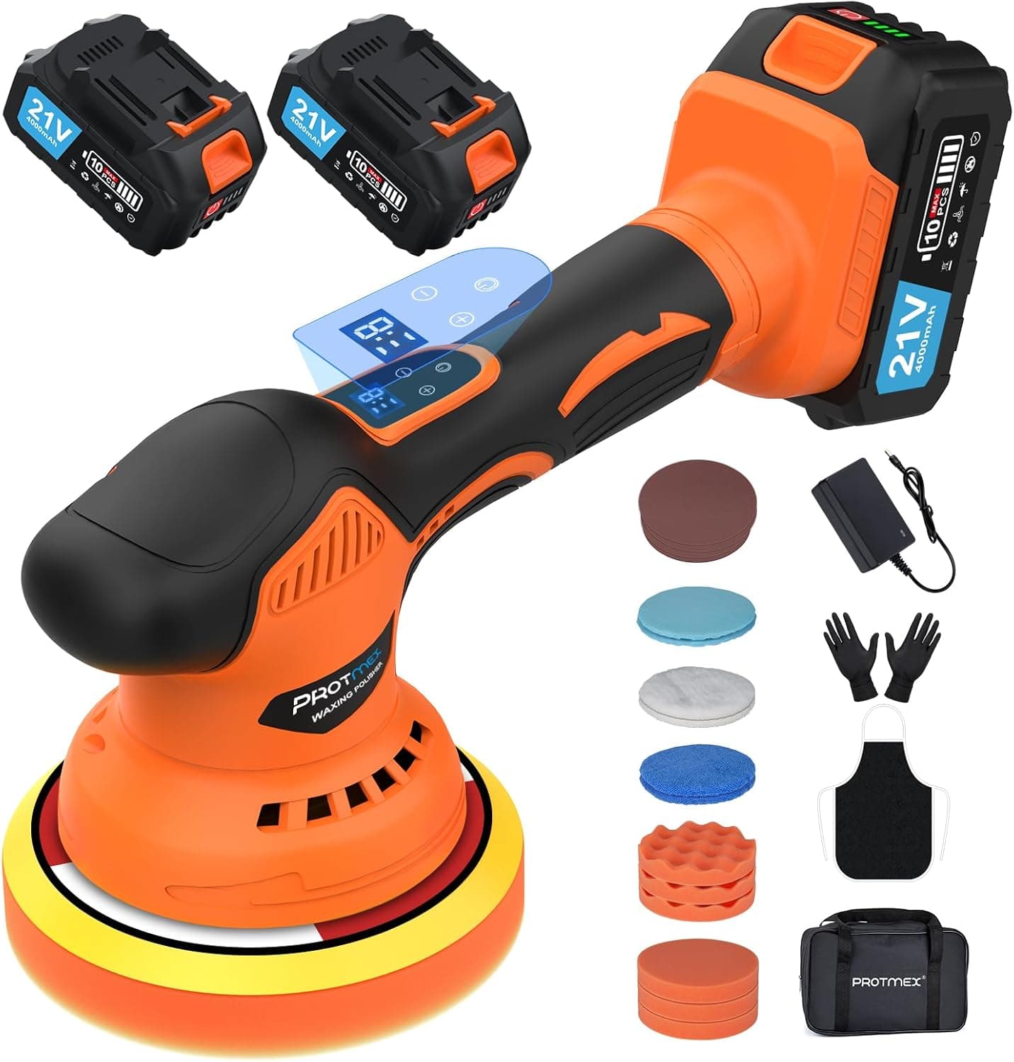Cordless Car Buffer Polisher, 21V 2x4.0Ah Batteries, 6IN Touchscreen Orbital Buffer 8-Speed 600