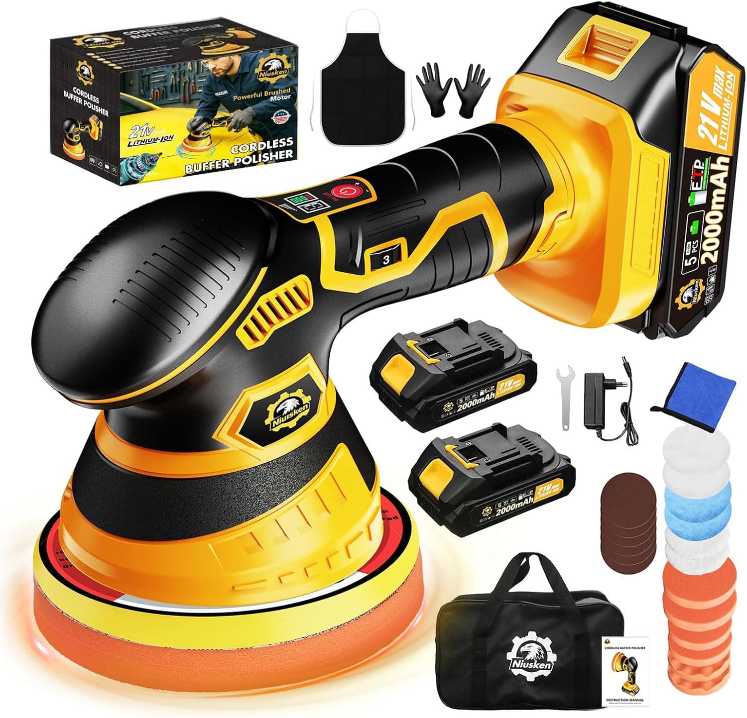 Niusken Cordless Car Buffer Polisher Kit, 2x 21V Batteries, 18 PCS Attachments, 6-Speed Orbital