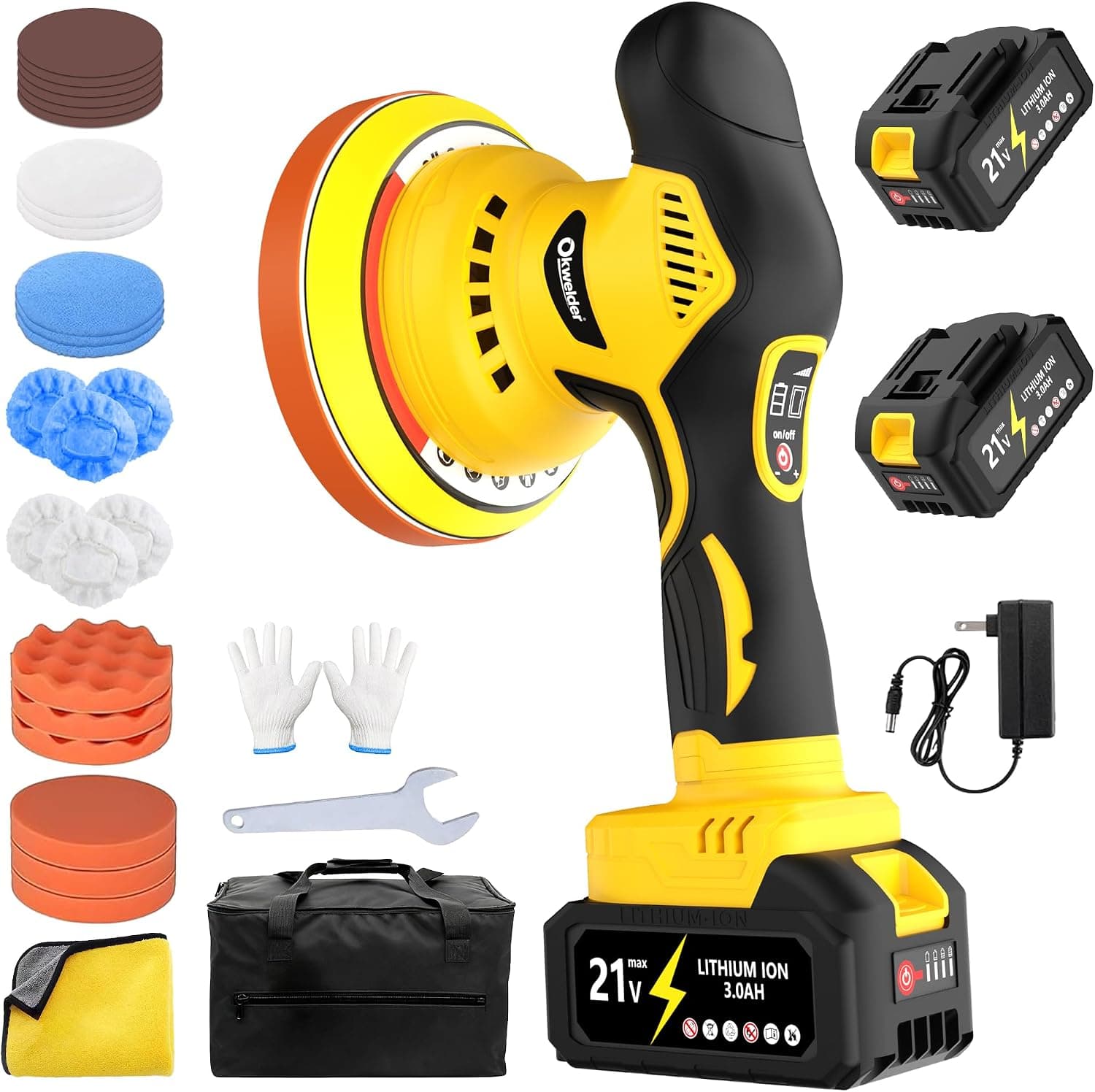 Cordless Car Buffer Polisher 6 Inch DA Orbital, 2x 3.0Ah 21V Batteries, 8-Speed, 25PCS Attachme