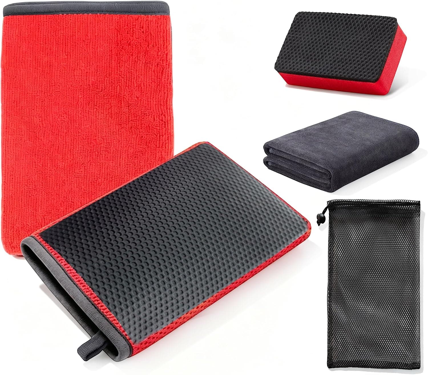 HOMEAN Clay Mitt for Car Detailing, Synthetic Clay Bar Alternative with Red Scrubber, Towel & B